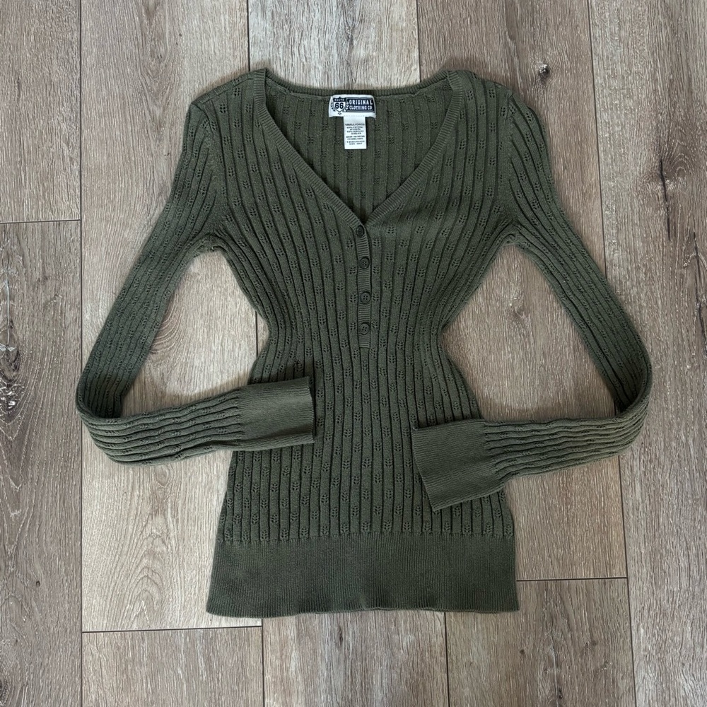 Route 66 Olive Green Ribbed V-Neck Button Front Top